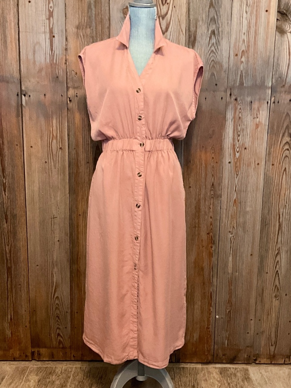 Thread Supply Shirt Dress Wood Rose Mauve Tencel Midi Cap Sleeve Elastic Waist P